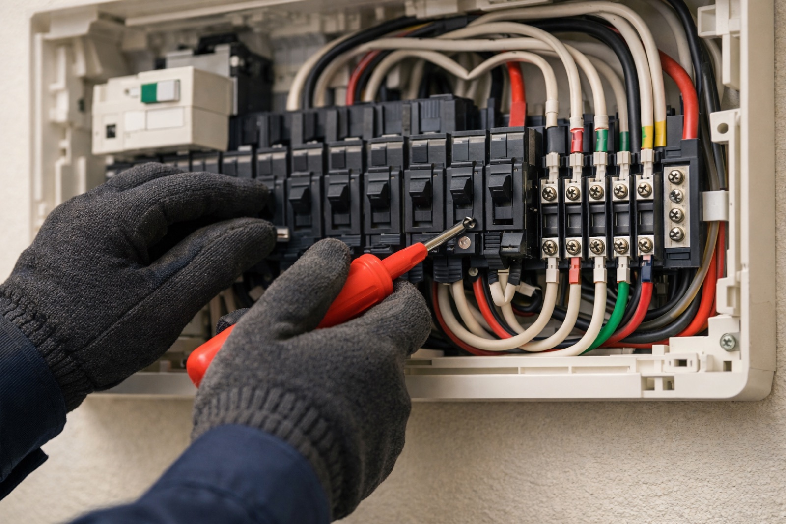 分電盤を点検する作業員の手元