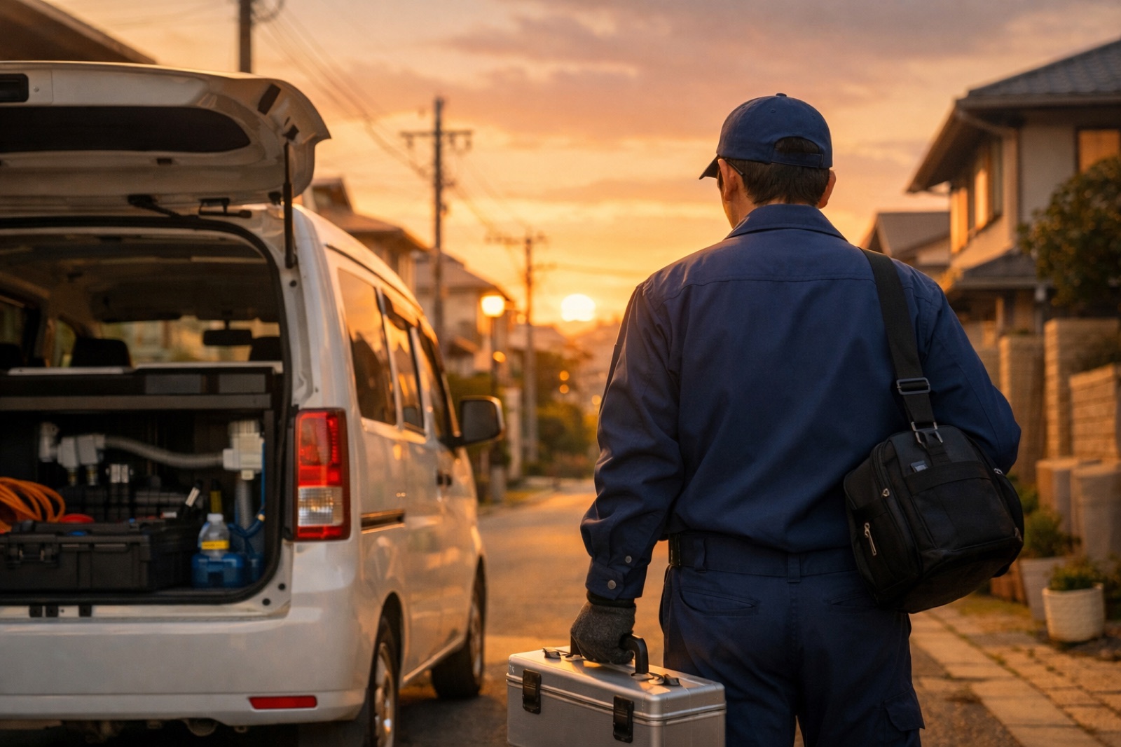 夕暮れの住宅街で道具を片付ける作業員の後ろ姿