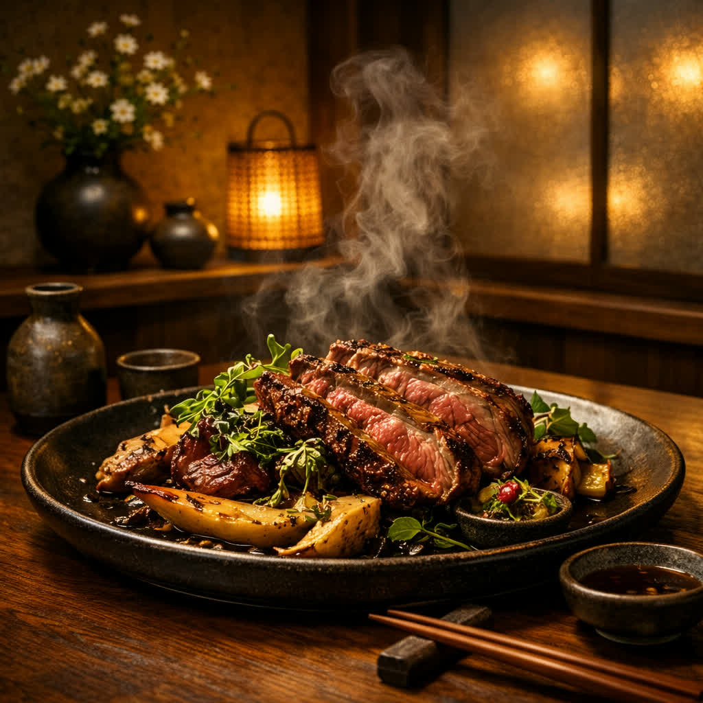 湯気の立つ炭火料理の一皿